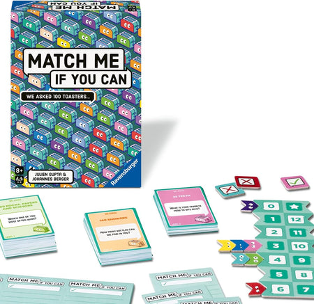 ravensburger game packaging and cards titled 'Match Me If You Can' with colorful toasters.