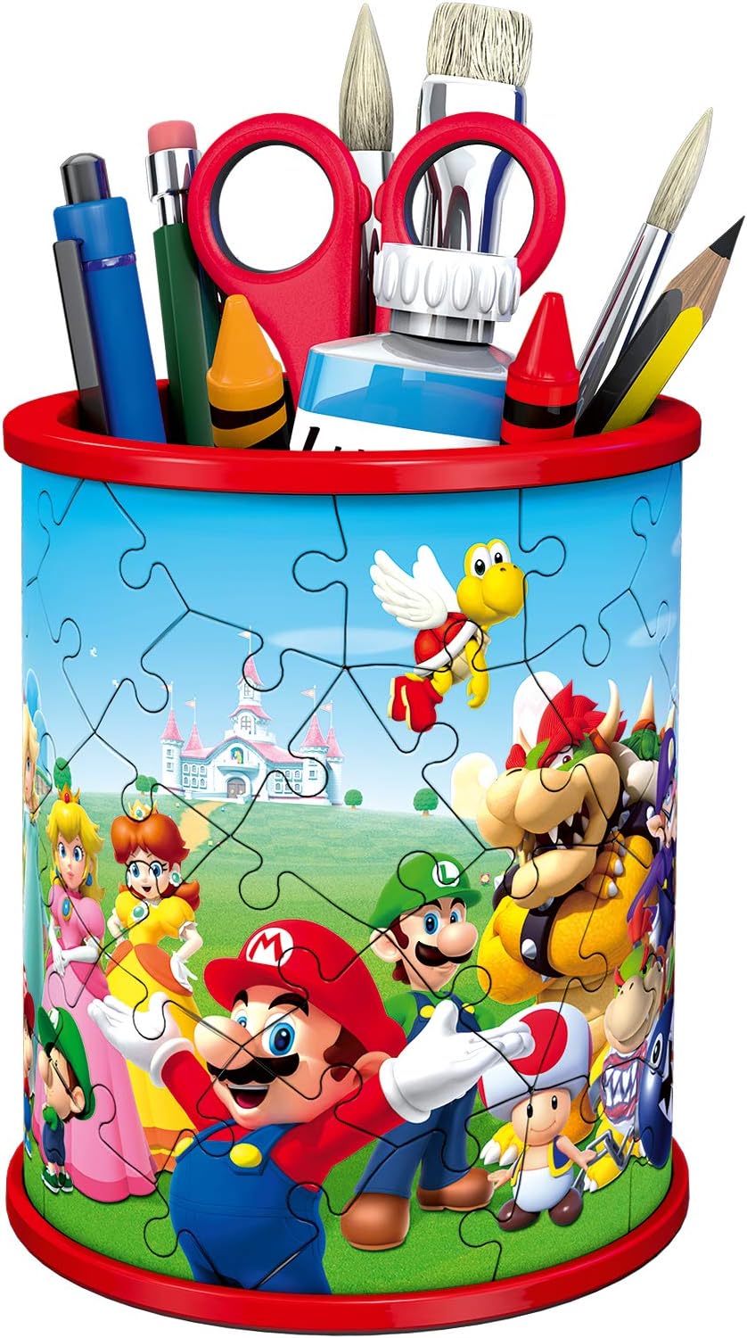 ravensburger  3d puzzle mario Pencil holder with cartoon characters and stationery items on a white background