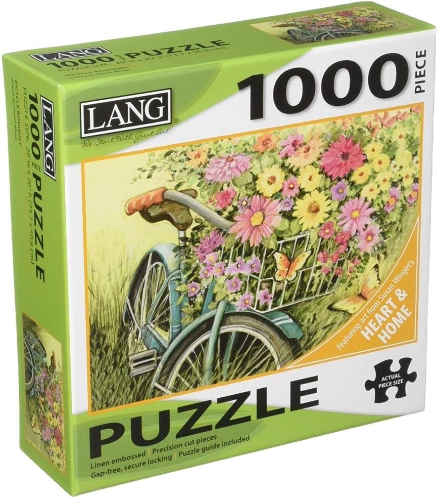 box image of lang 1000 piece jigsaw puzzle of a bicycle bouquet of flowers