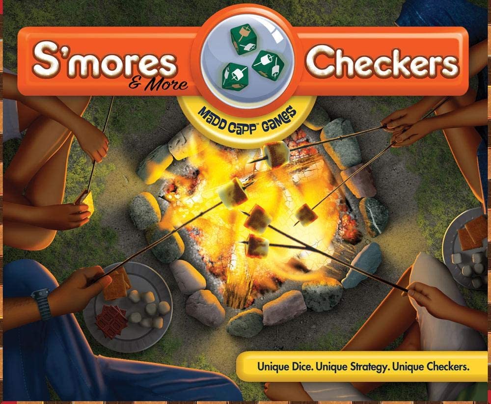 Front cover artwork for 'S'mores & More Checkers' by Maddopp Games, showing a campfire scene with people roasting marshmallows and game pieces, plus the title banner and logo.