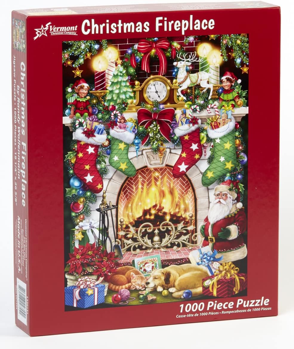 Vermont Christmas Fireplace vertical jigsaw puzzle box with festive design and '1000 Piece Puzzle' text.