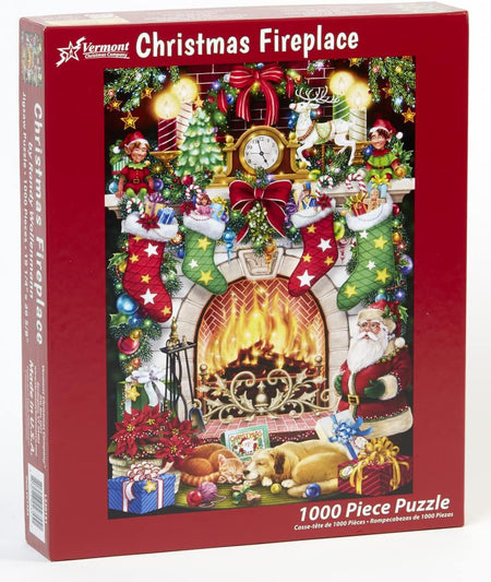 Vermont Christmas Fireplace vertical jigsaw puzzle box with festive design and '1000 Piece Puzzle' text.