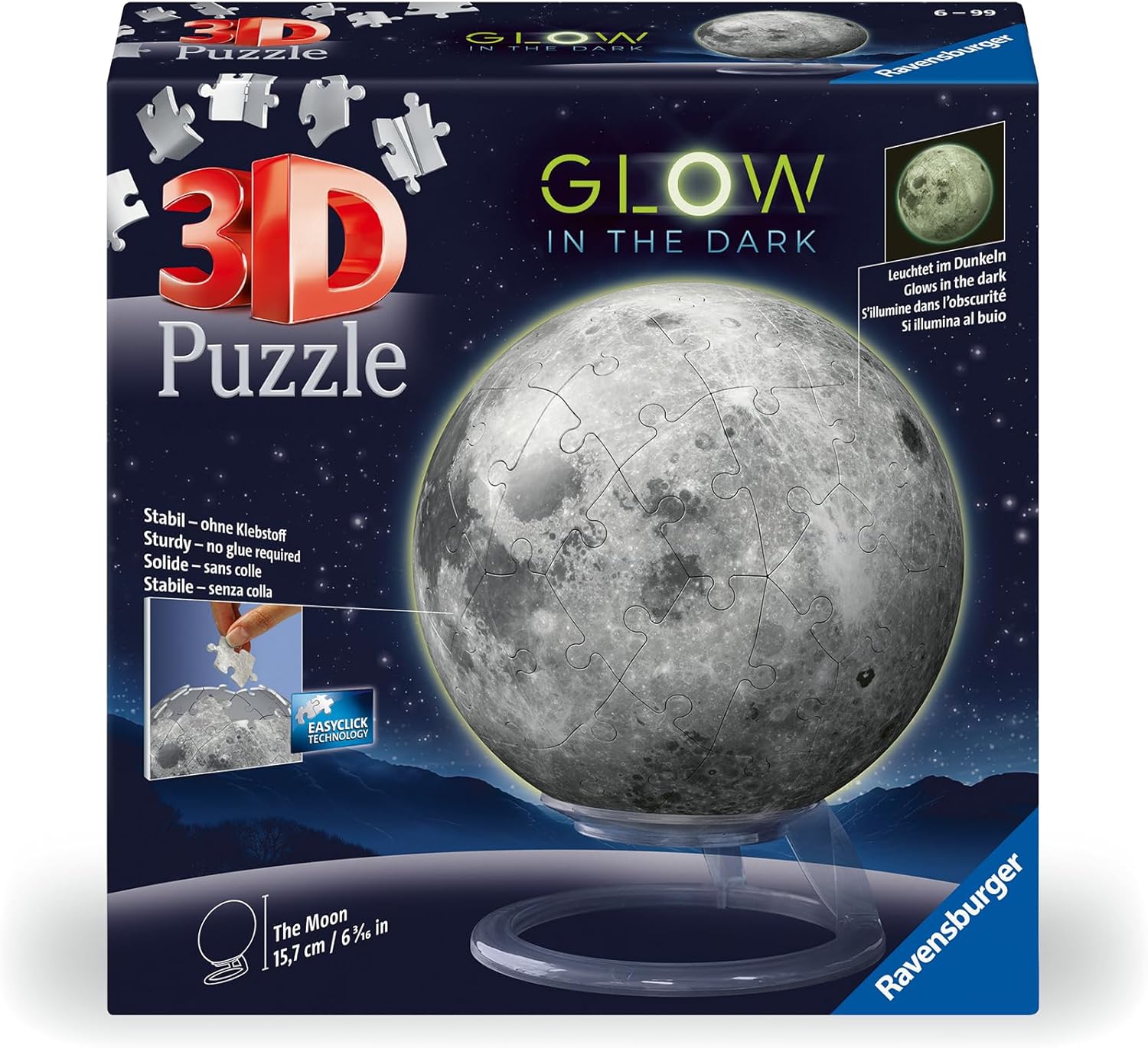 3D puzzle packaging of the moon with 'Glow in the Dark' text and Ravensburger branding.