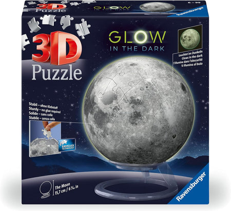 3D puzzle packaging of the moon with 'Glow in the Dark' text and Ravensburger branding.