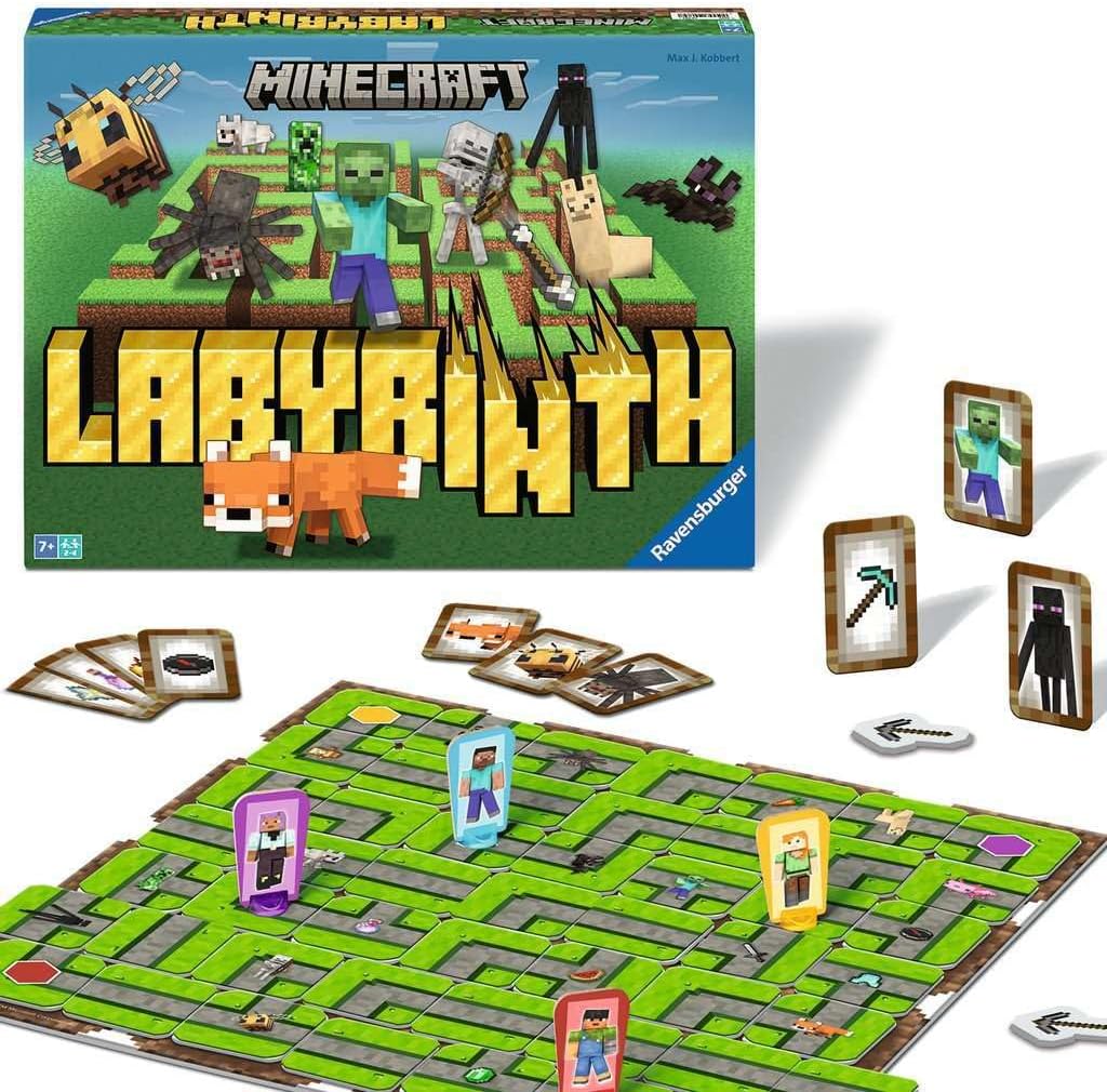 ravensburger Minecraft Labyrinth board game set with packaging and components on a white background