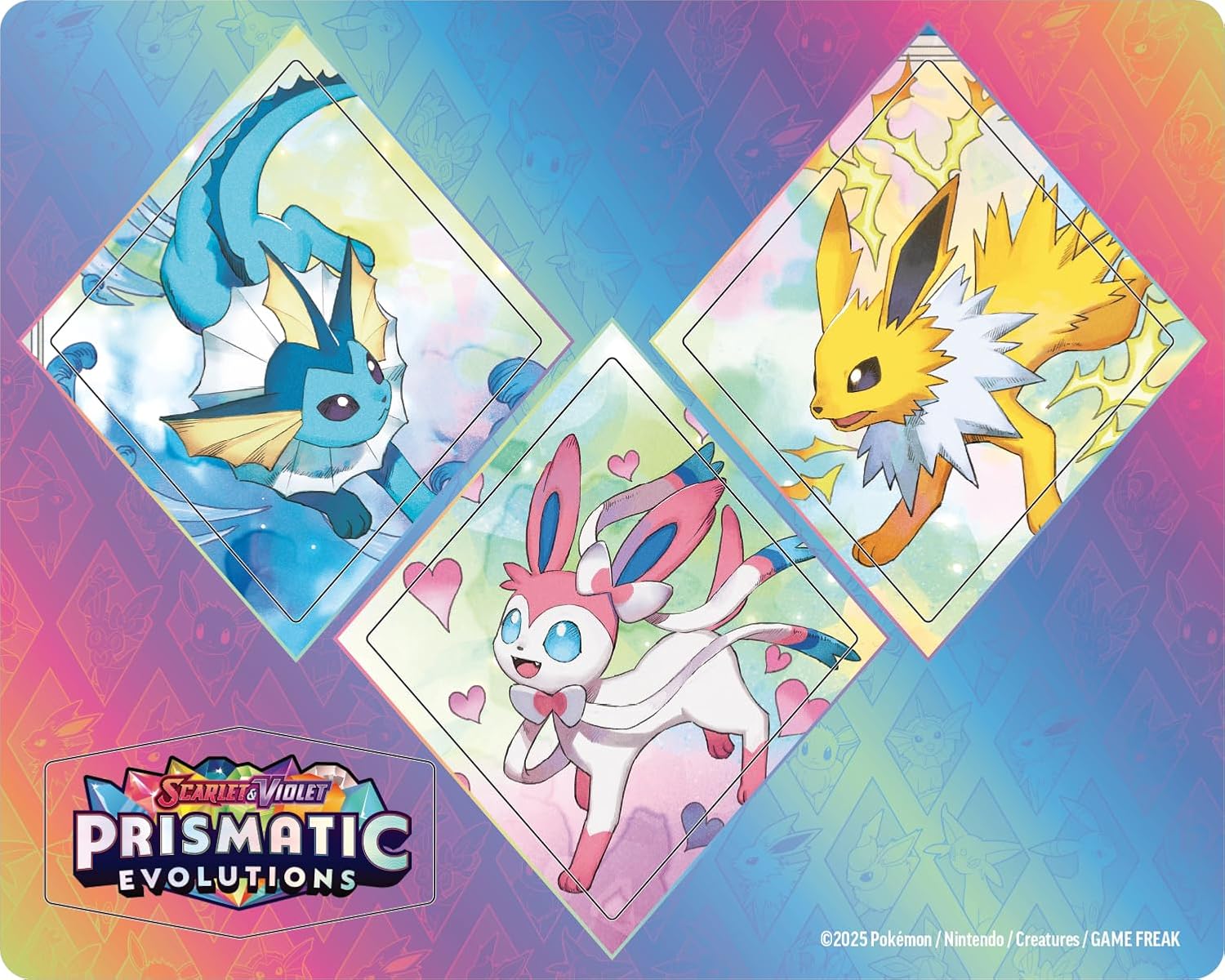 Three animated characters on diamond-shaped cards with 'Prismatic Evolutions' logo on a colorful background.