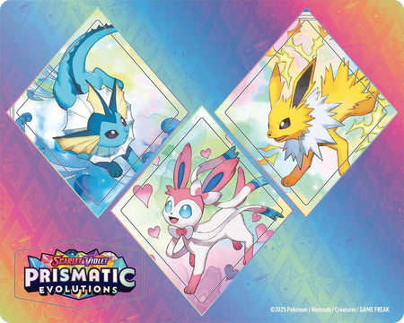 Three animated characters on diamond-shaped cards with 'Prismatic Evolutions' logo on a colorful background.