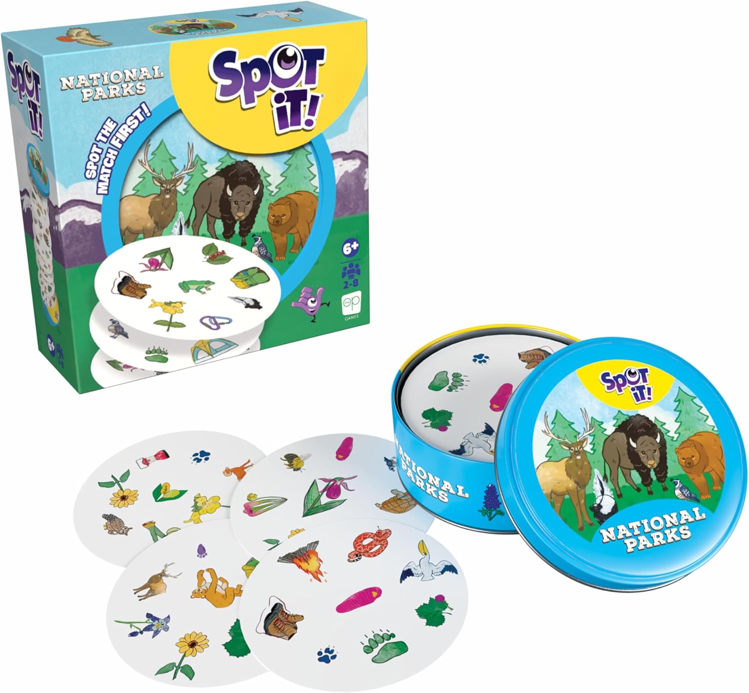Spot It! National Parks card game packaging and components on a white background