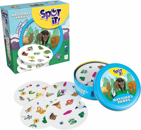 Spot It! National Parks card game packaging and components on a white background