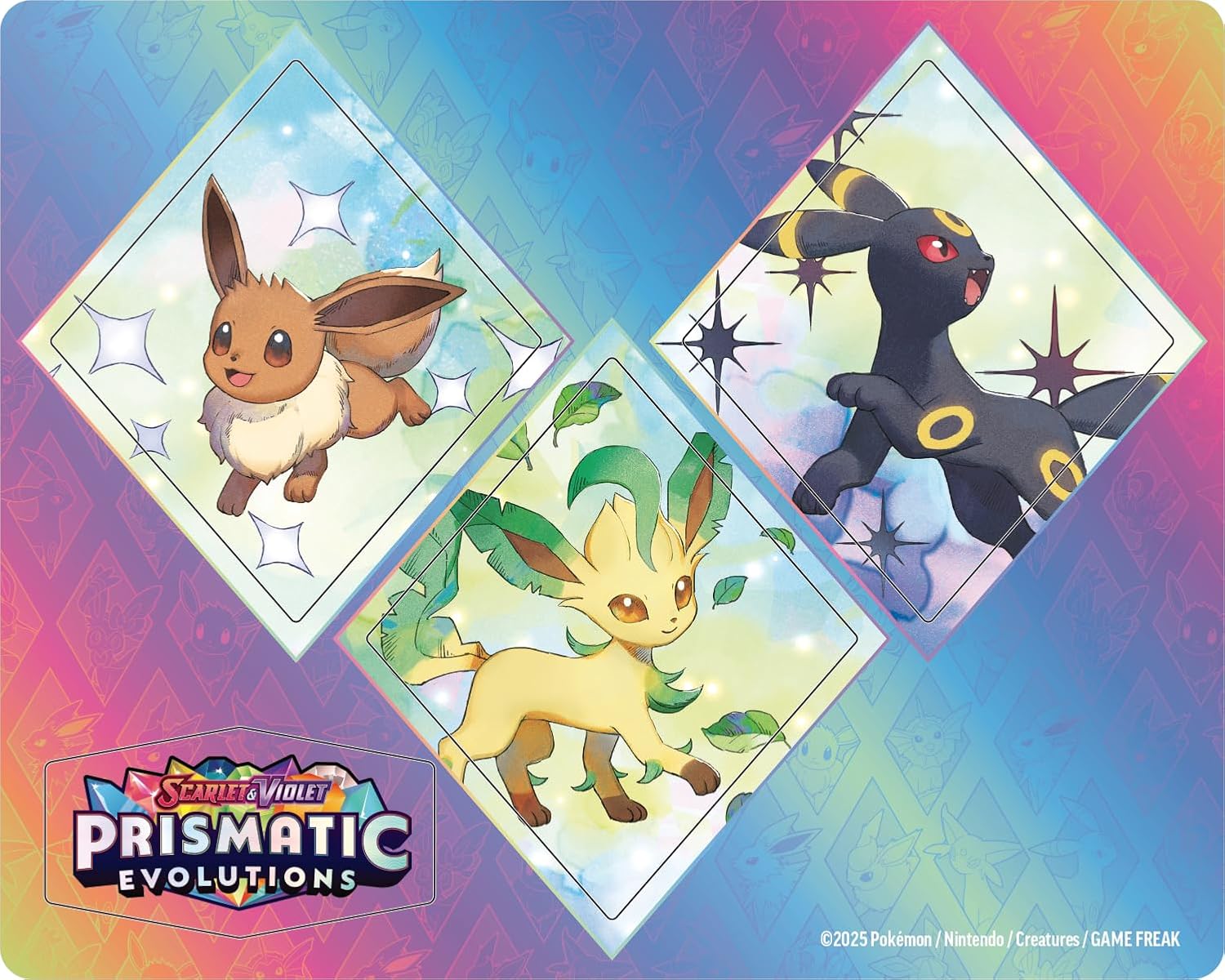 Pokémon trading cards with Eevee, Leafeon, and Umbreon on a colorful background with 'Prismatic Evolutions' logo.
