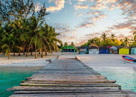 ravensburger jigsaw puzzle image of Wooden dock leading to a tropical beach with palm trees and colorful huts.