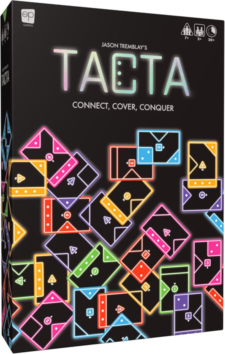 Op Games Board game box for 'Tacta' with colorful geometric shapes on a black background