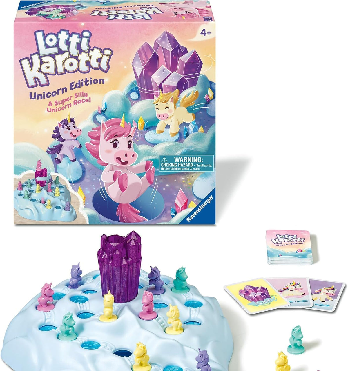 ravensburger Lotti Karotti Unicorn Edition board game with colorful unicorns and crystals on a white background