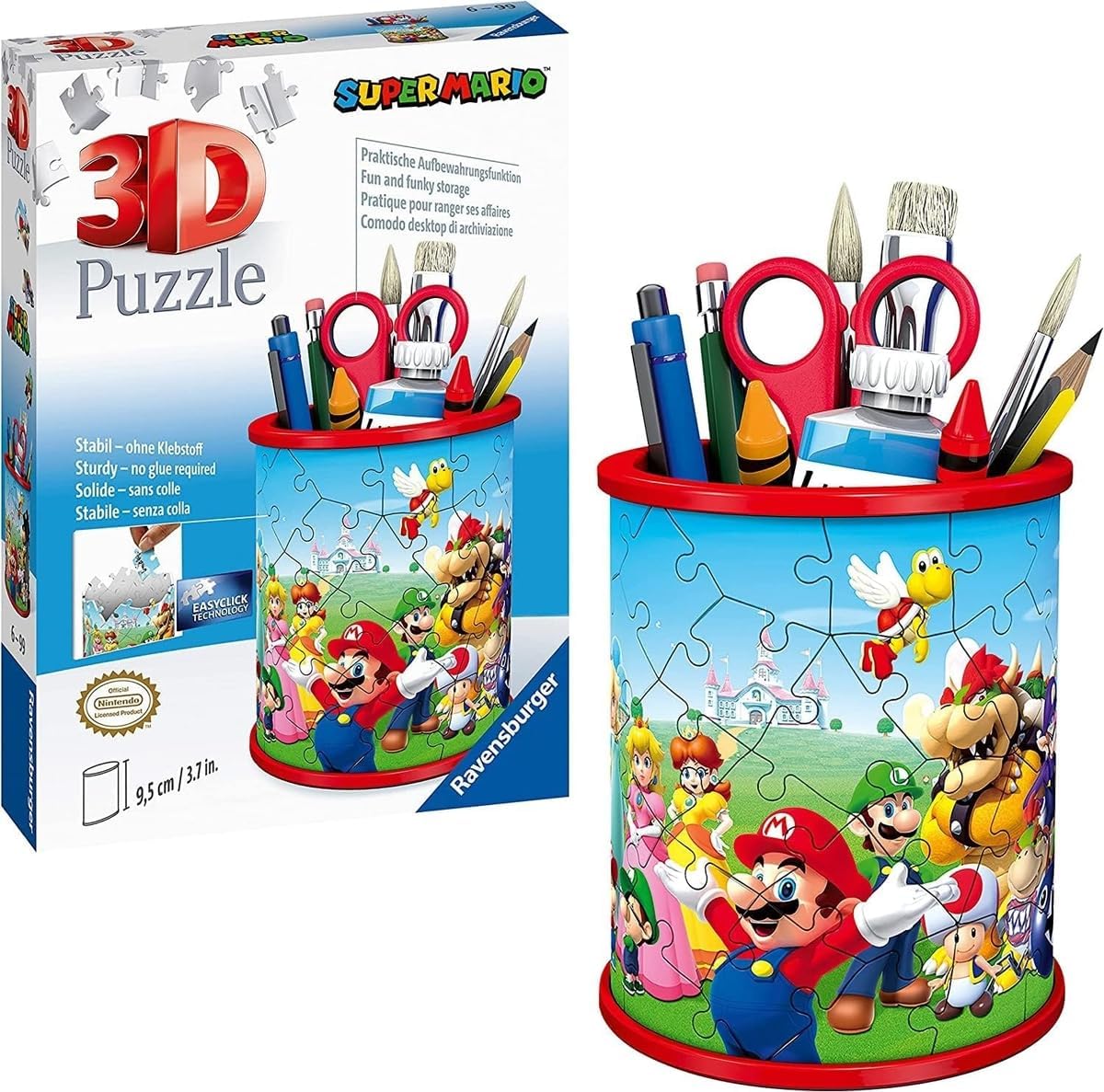 ravensburger Super Mario 3D puzzle set with pencil holder and packaging.
