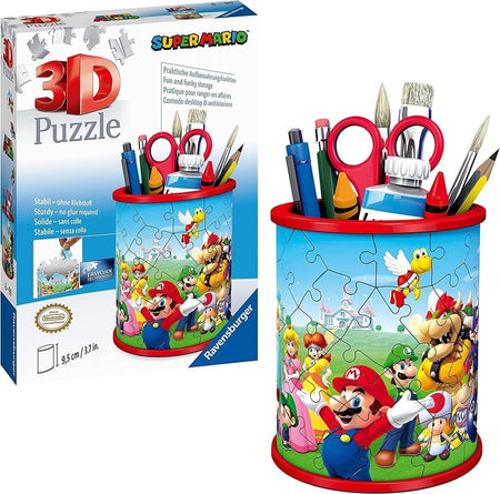 ravensburger Super Mario 3D puzzle set with pencil holder and packaging.