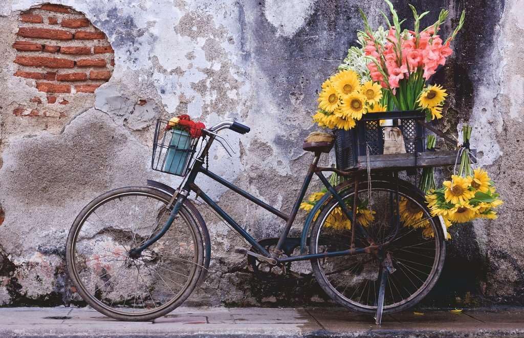 ravensburger 200 piece jigsaw puzzle image of a Vintage bicycle with flower baskets against a textured wall