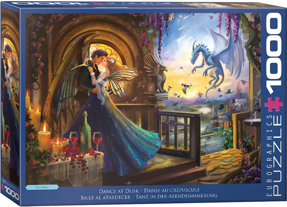 Eurographics 1000-piece Jigsaw puzzle box with a romantic scene featuring a couple and dragon, labeled dance at dusk