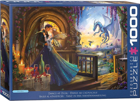 Eurographics 1000-piece Jigsaw puzzle box with a romantic scene featuring a couple and dragon, labeled dance at dusk