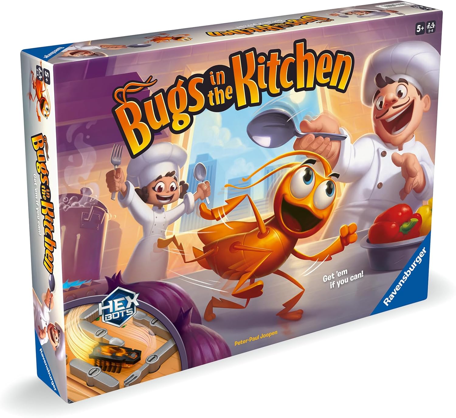 ravensburger Board game box titled 'Bugs in the Kitchen' with cartoon characters and colorful design and hex bots bug.