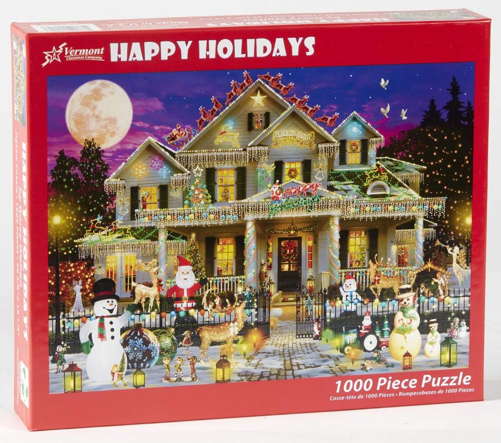 Vermont christmas company 1000-piece Jigsaw puzzle box featuring a Christmas-themed house with decorations and 'Happy Holidays' text.