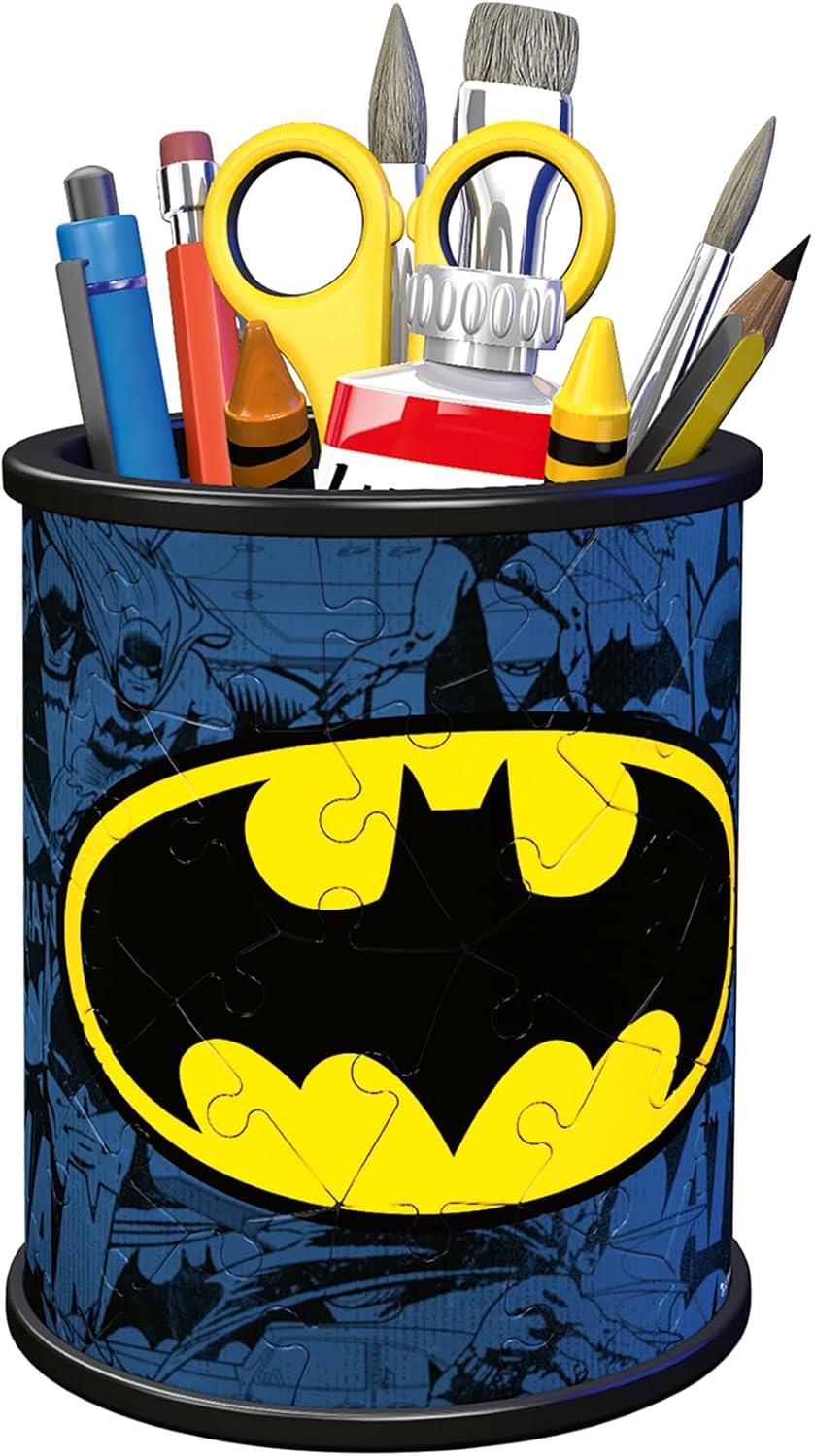 ravensburger  3d puzzle Batman-themed pencil holder with stationery items on a white background
