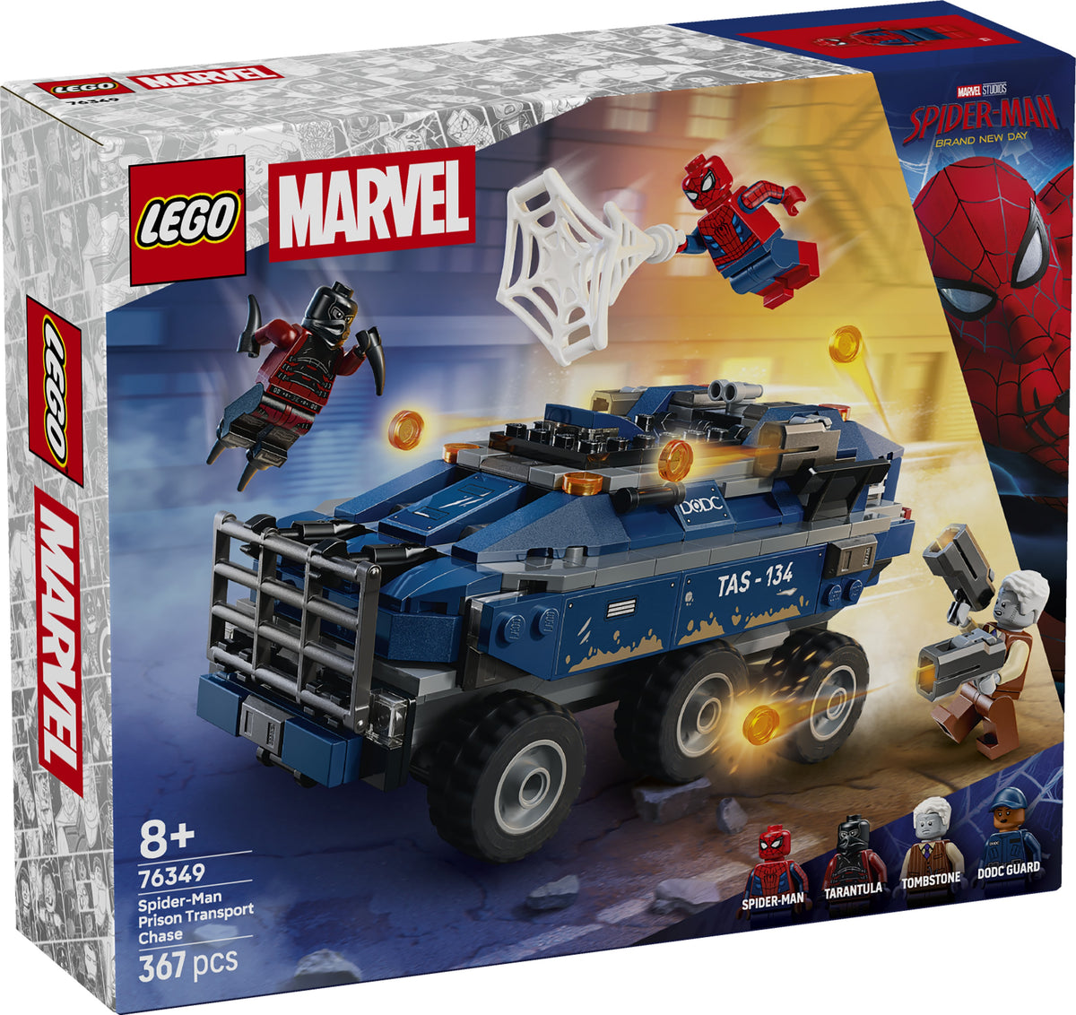 LEGO Marvel Spider-Man toy set packaging with vehicle and characters on a blue and gray background. 76349