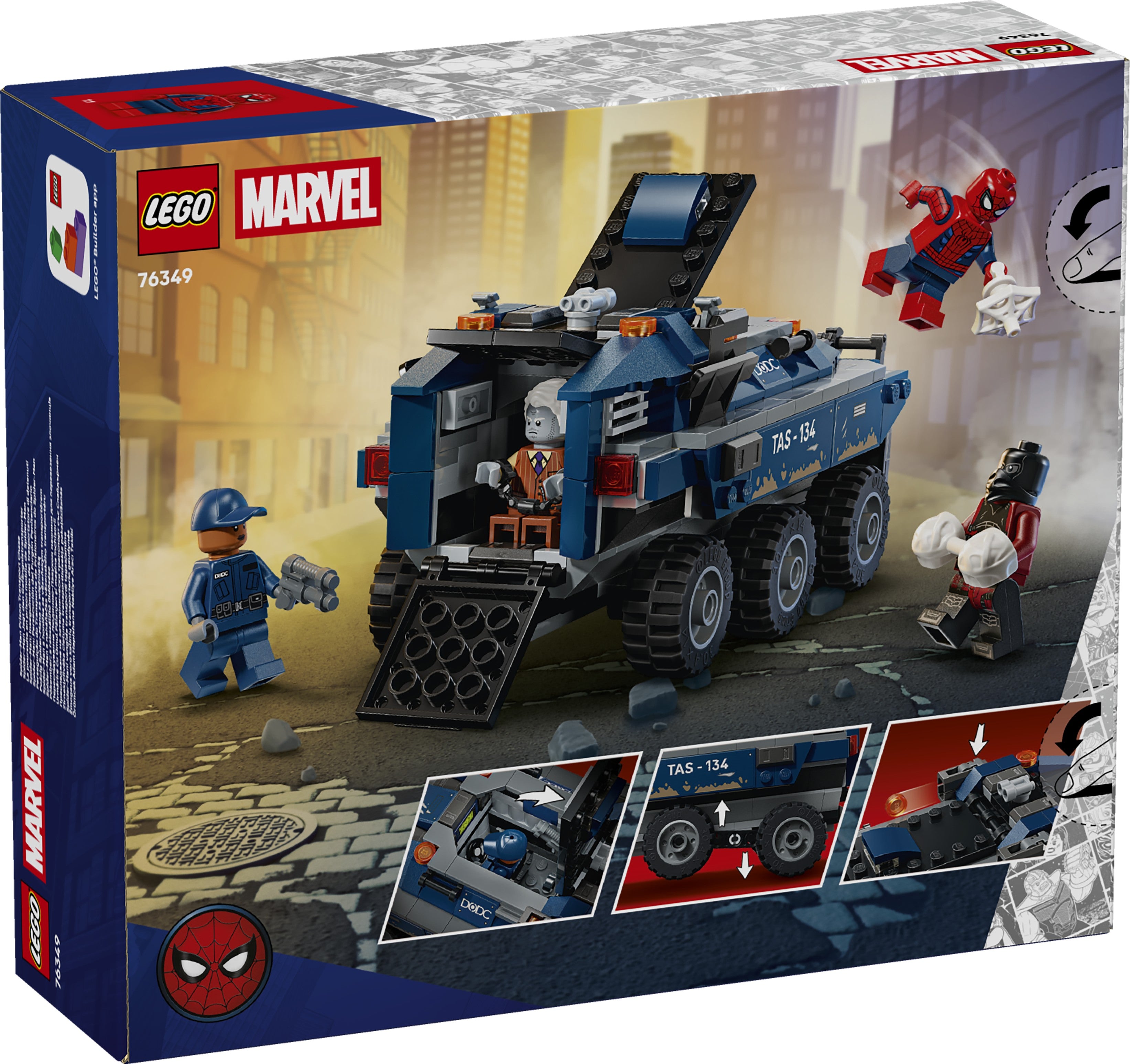 LEGO Marvel Spider-Man toy set packaging with vehicle and characters on a city street background. 76349