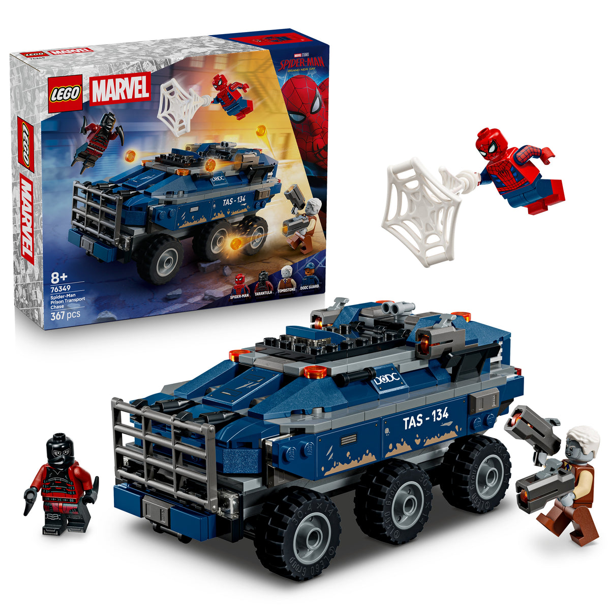 LEGO Marvel Spider-Man 76349 vehicle set with packaging and figures on a white background