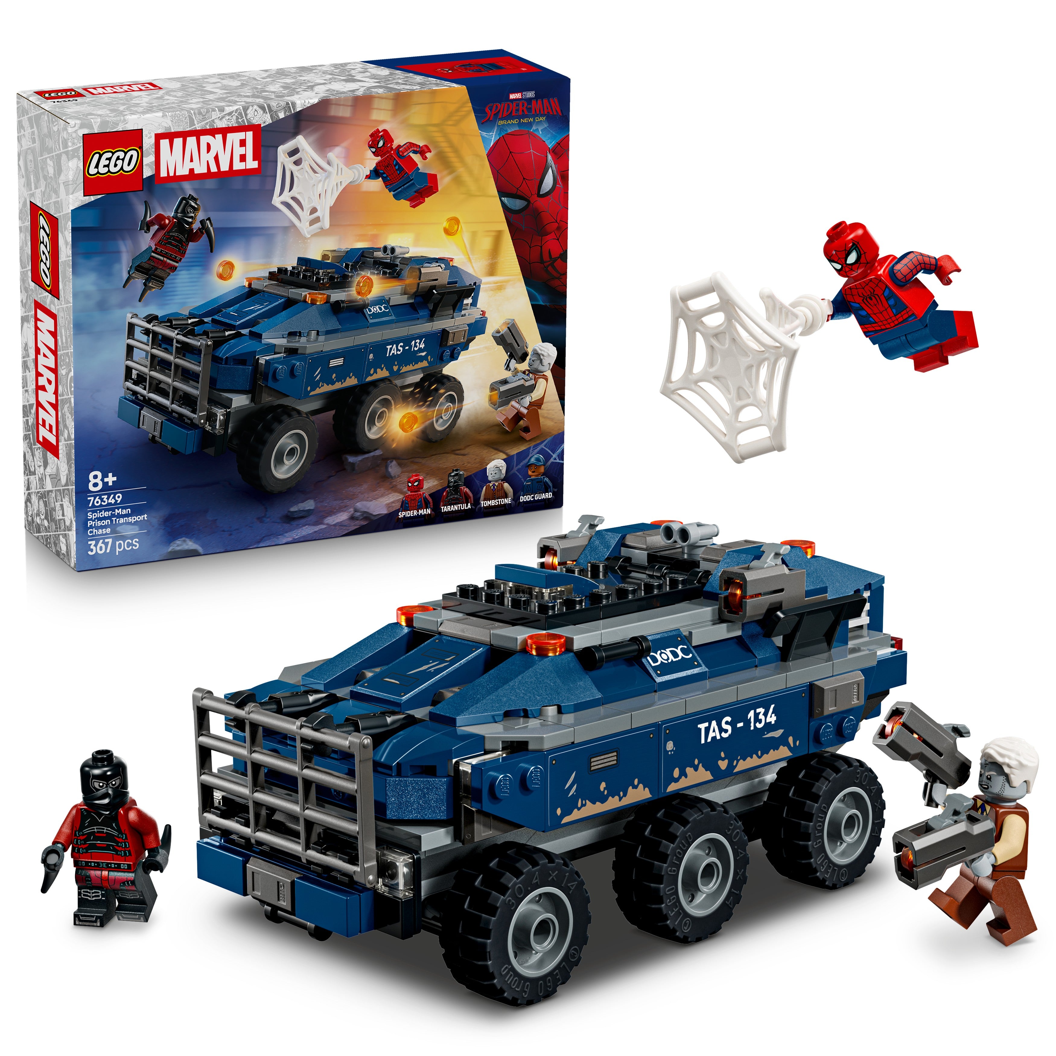 LEGO Marvel Spider-Man 76349 vehicle set with packaging and figures on a white background
