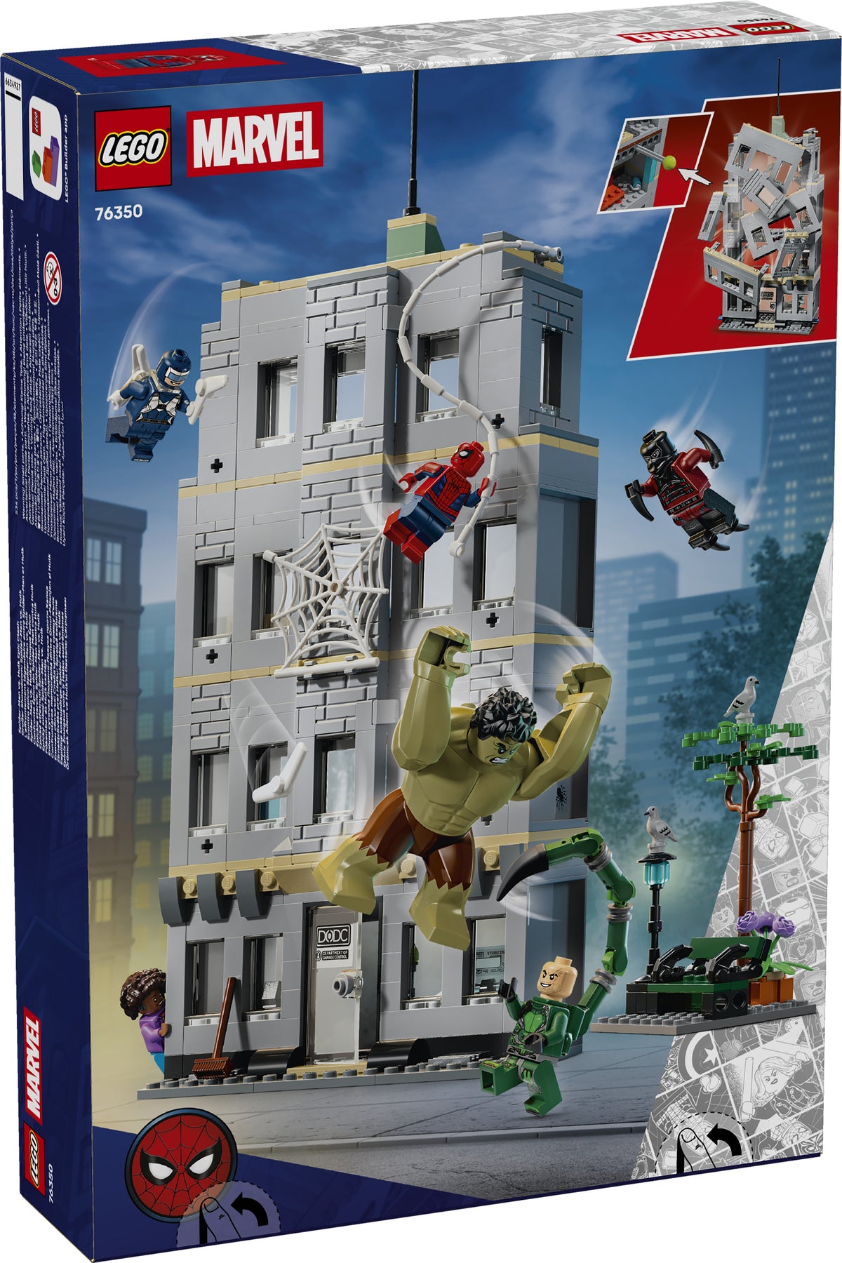 LEGO Marvel superhero packaging with Hulk and Spider-Man on a cityscape background 76350