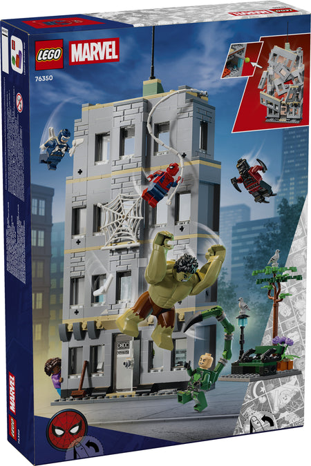 LEGO Marvel superhero packaging with Hulk and Spider-Man on a cityscape background 76350