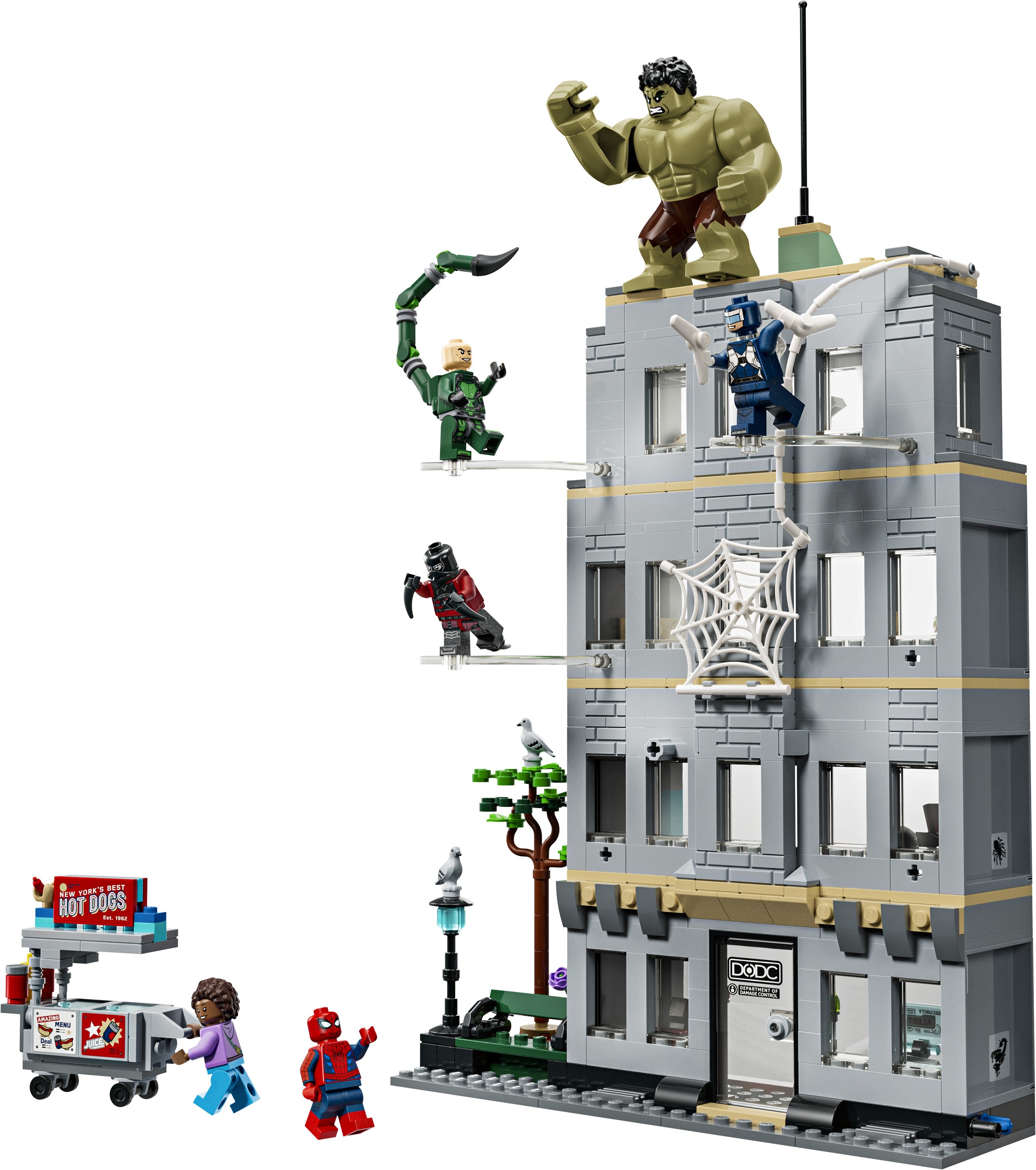 LEGO set with superhero characters on a building
