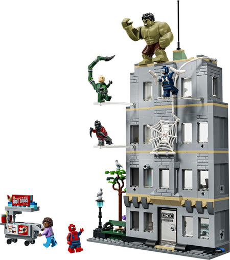LEGO set with superhero characters on a building