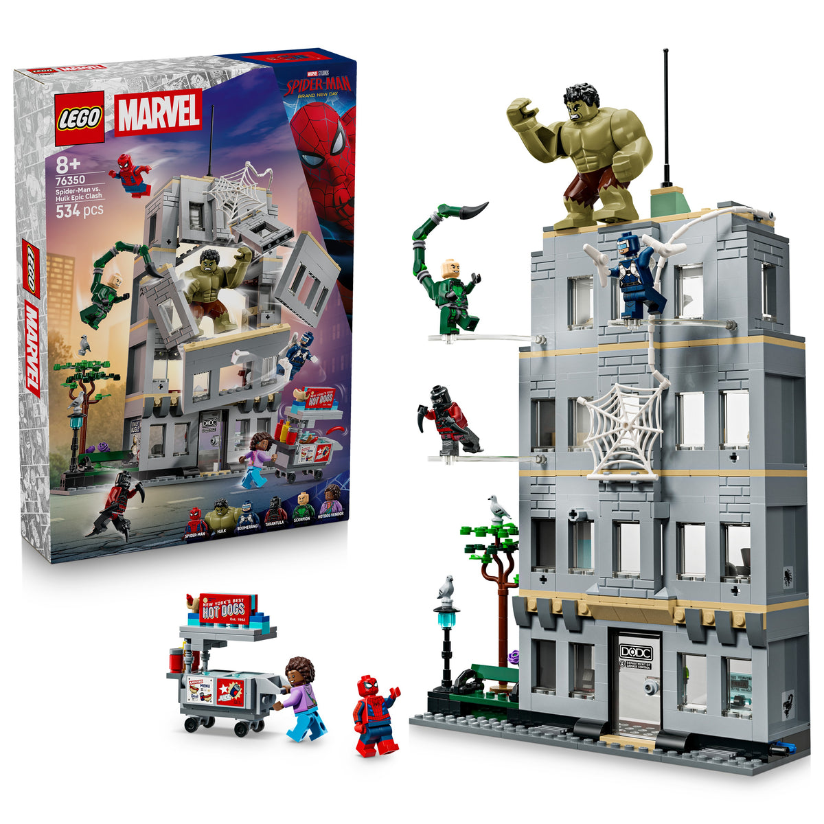LEGO Marvel Spider-Man set with building and figures, including Hulk and Spider-Man, next to its packaging. 76350