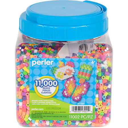 Perler 11,000 bead container with colorful beads and blue lid on a white background