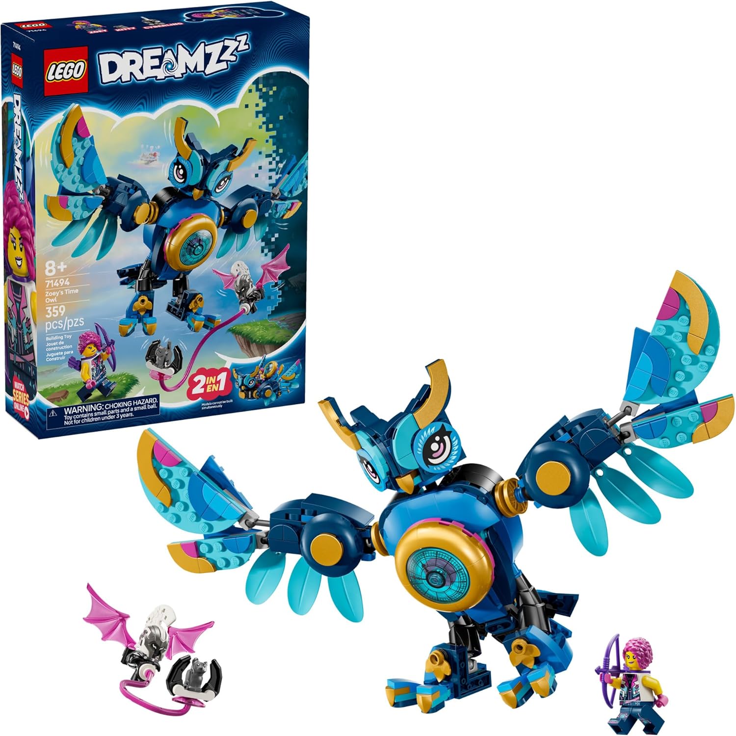 LEGO Dreamzzz 71494 set with blue zoey, robot owl, and packaging on a white background