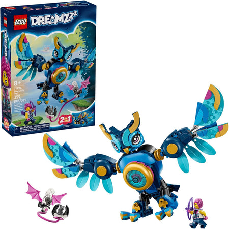 LEGO Dreamzzz 71494 set with blue zoey, robot owl, and packaging on a white background