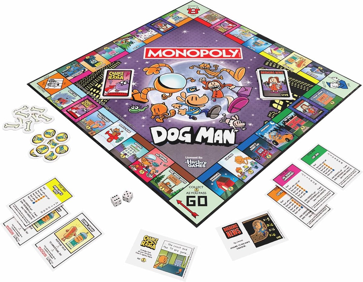 usaopoly Monopoly board game with 'Dog Man' theme on a white background usaopoly