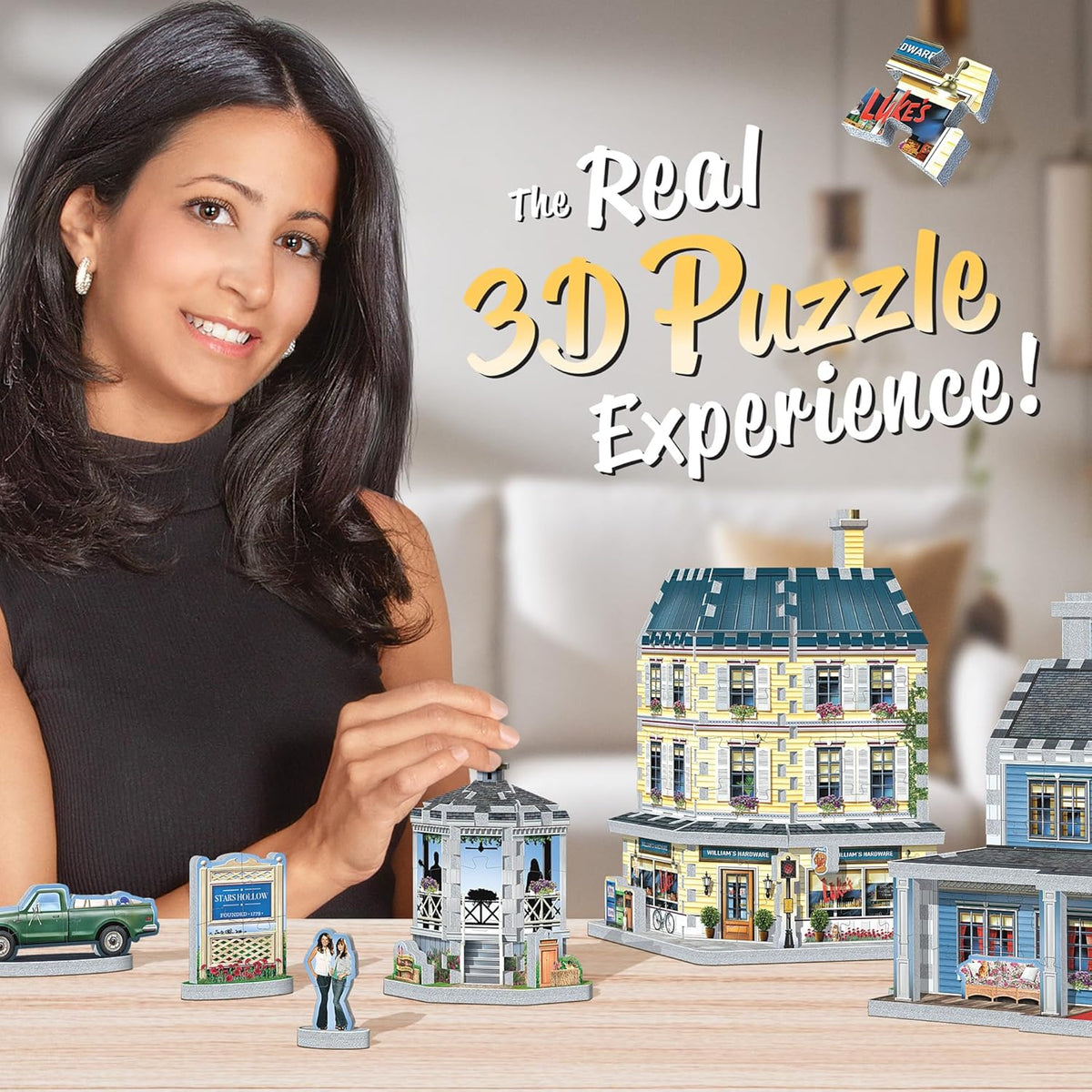 Woman assembling a miniature model of a building with text 'The Real 3D Puzzle Experience' in the background.