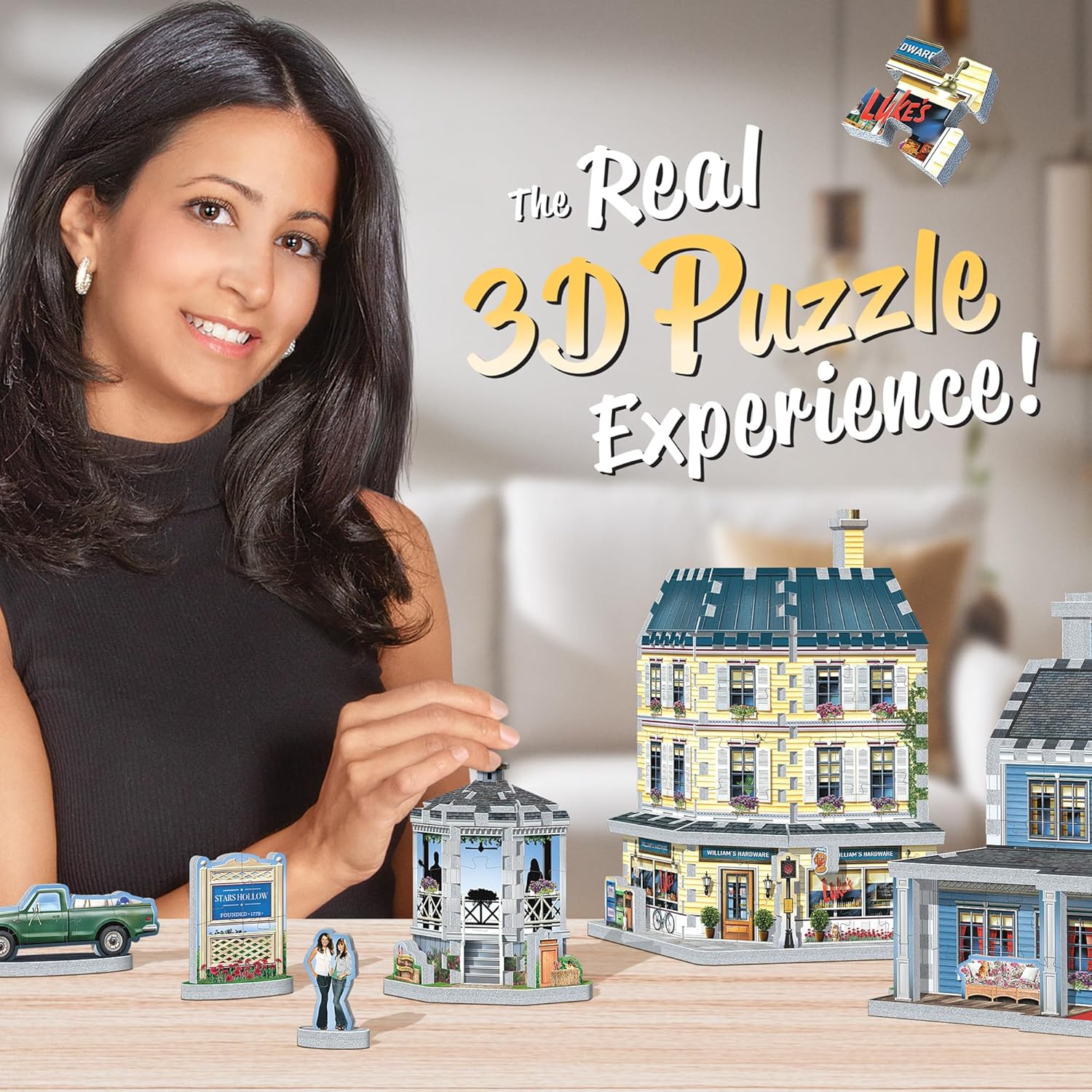 Woman assembling a miniature model of a building with text 'The Real 3D Puzzle Experience' in the background.