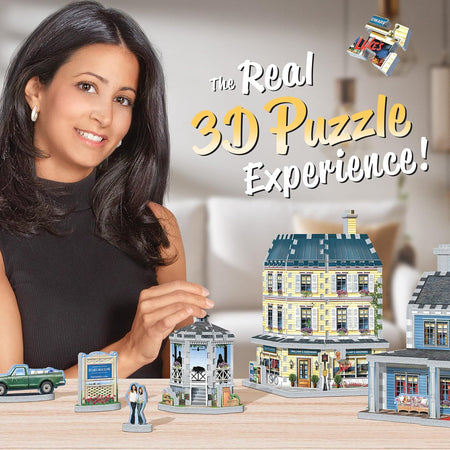 Woman assembling a miniature model of a building with text 'The Real 3D Puzzle Experience' in the background.