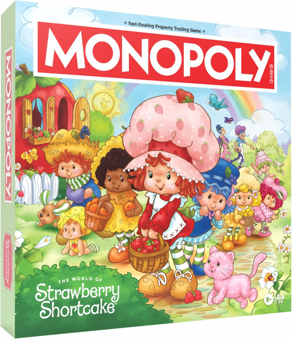 USAopoly Monopoly board game box featuring Strawberry Shortcake characters and a pink cat.