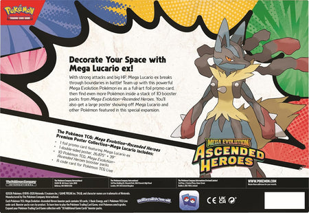 Pokémon Mega Lucario ex! trading card game packaging with promotional text.