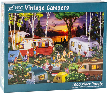 VCC Vintage Campers 1000-piece jigsaw puzzle box with a scenic camping scene and vintage campers.