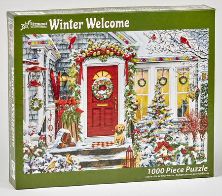 Vermont christmas company 1000-piece jigsaw Puzzle box titled 'Winter Welcome' with a festive scene of a house decorated for Christmas.