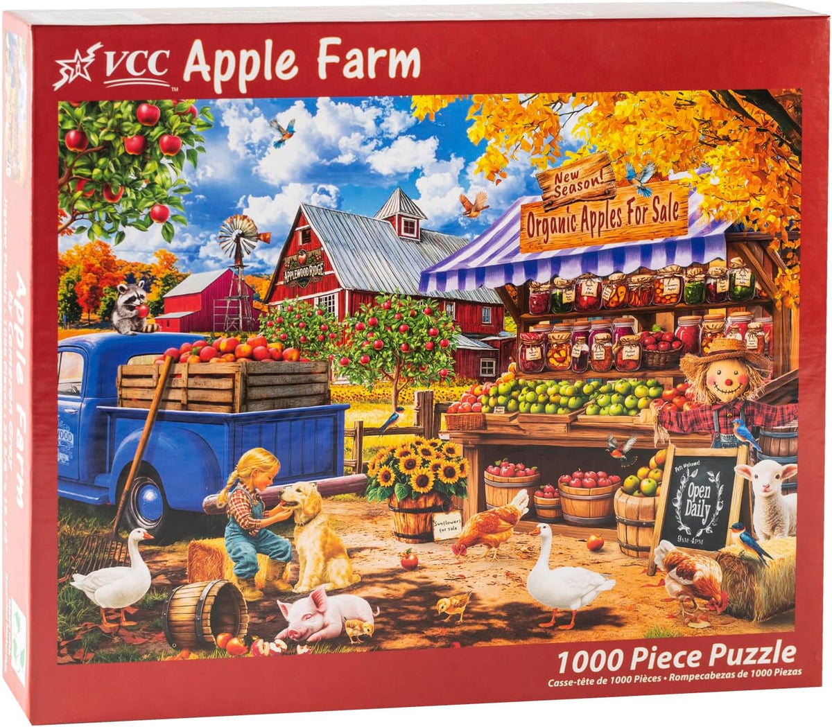 VCC Apple Farm 1000-piece jigsaw puzzle box with a colorful apple farm scene featuring a barn, apple trees, and market stand.