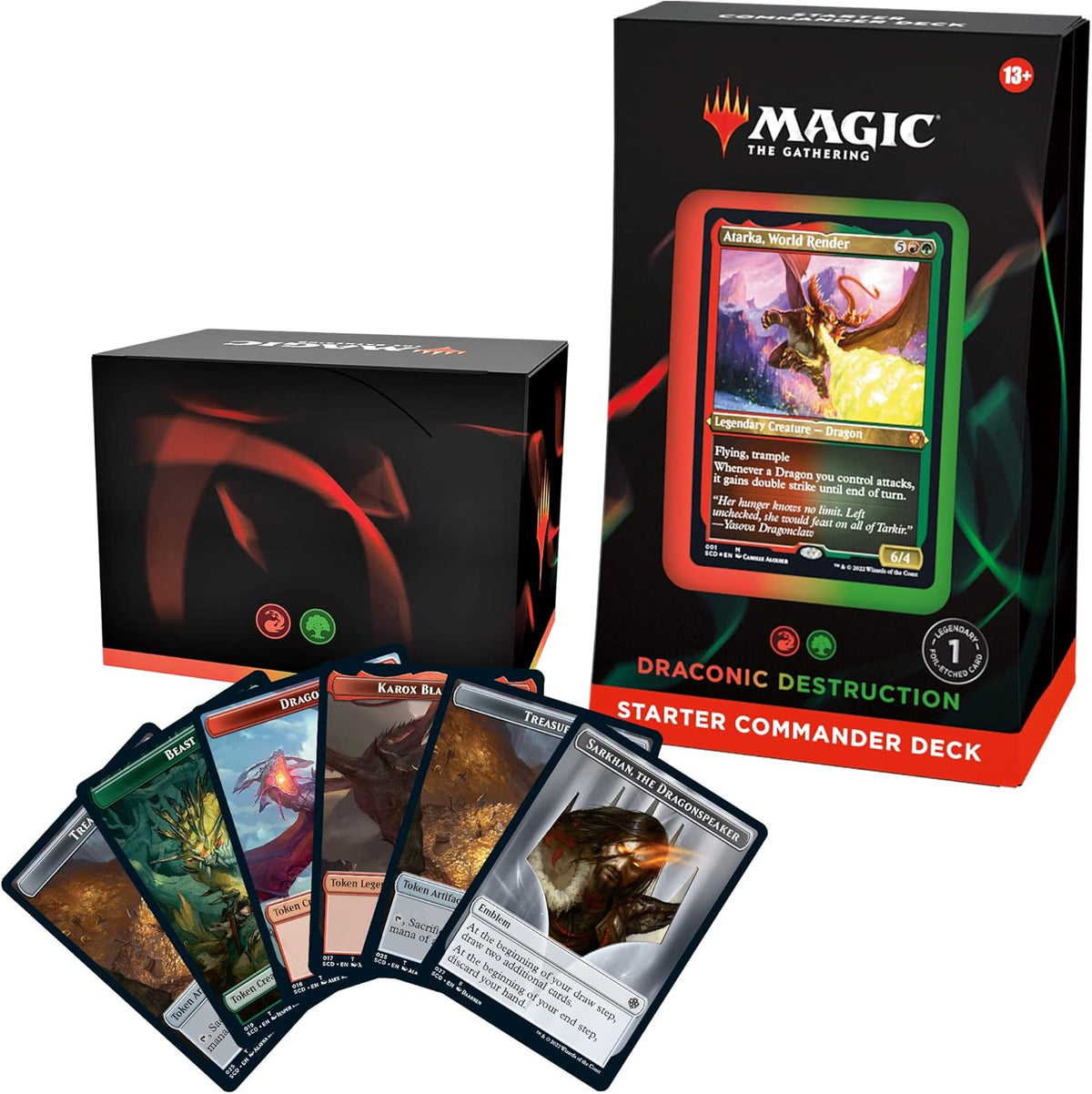 Magic: The Gathering Draconic Destruction Starter Commander Deck packaging with cards displayed. 