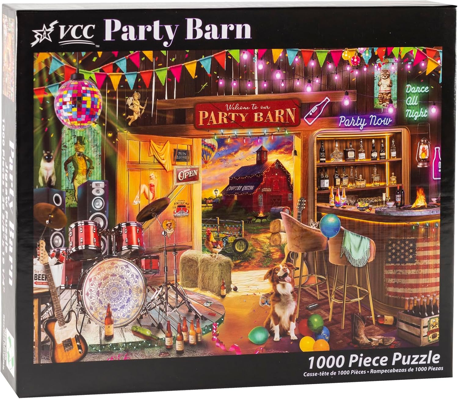 VCC Party Barn 1000-piece jigsaw puzzle packaging with a colorful party scene illustration.