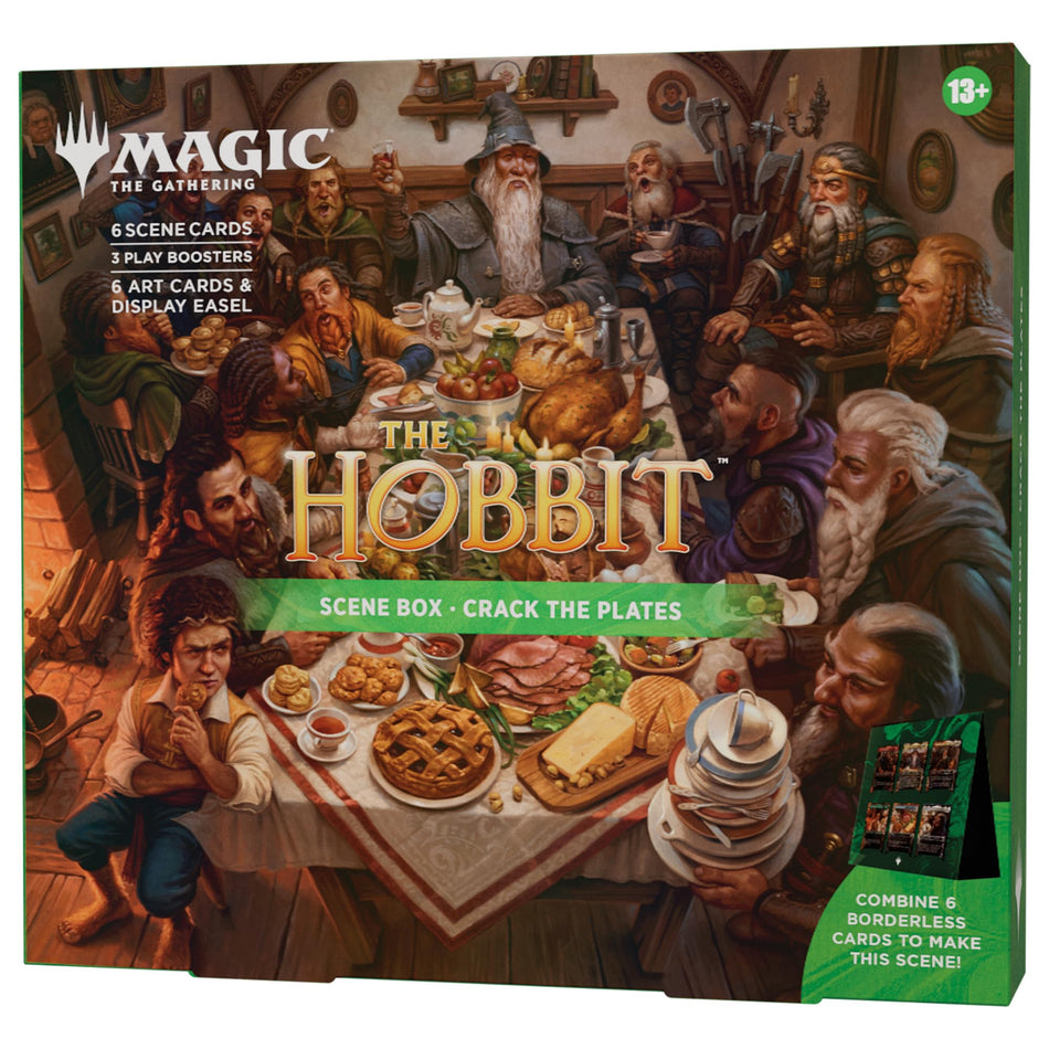 Magic the Gathering | The Hobbit Scene Box - Crack the Plates| 6 Foil Borderless Scene Cards, 6 Art Cards, 3 Play Boosters + Display Easel