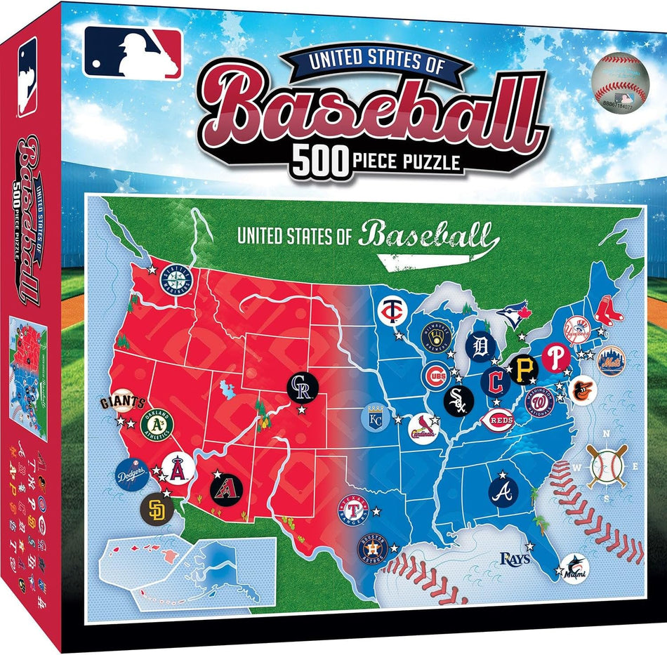 masterpieces puzzle box art image of the united states of baseball 500 piece jigsaw puzzle
